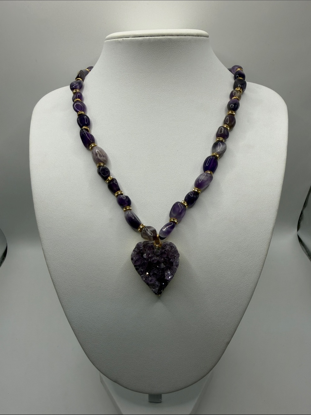 074. Purple Amethyst Chunky Heart Stone Pendant Necklace 19 1/2” - 21”